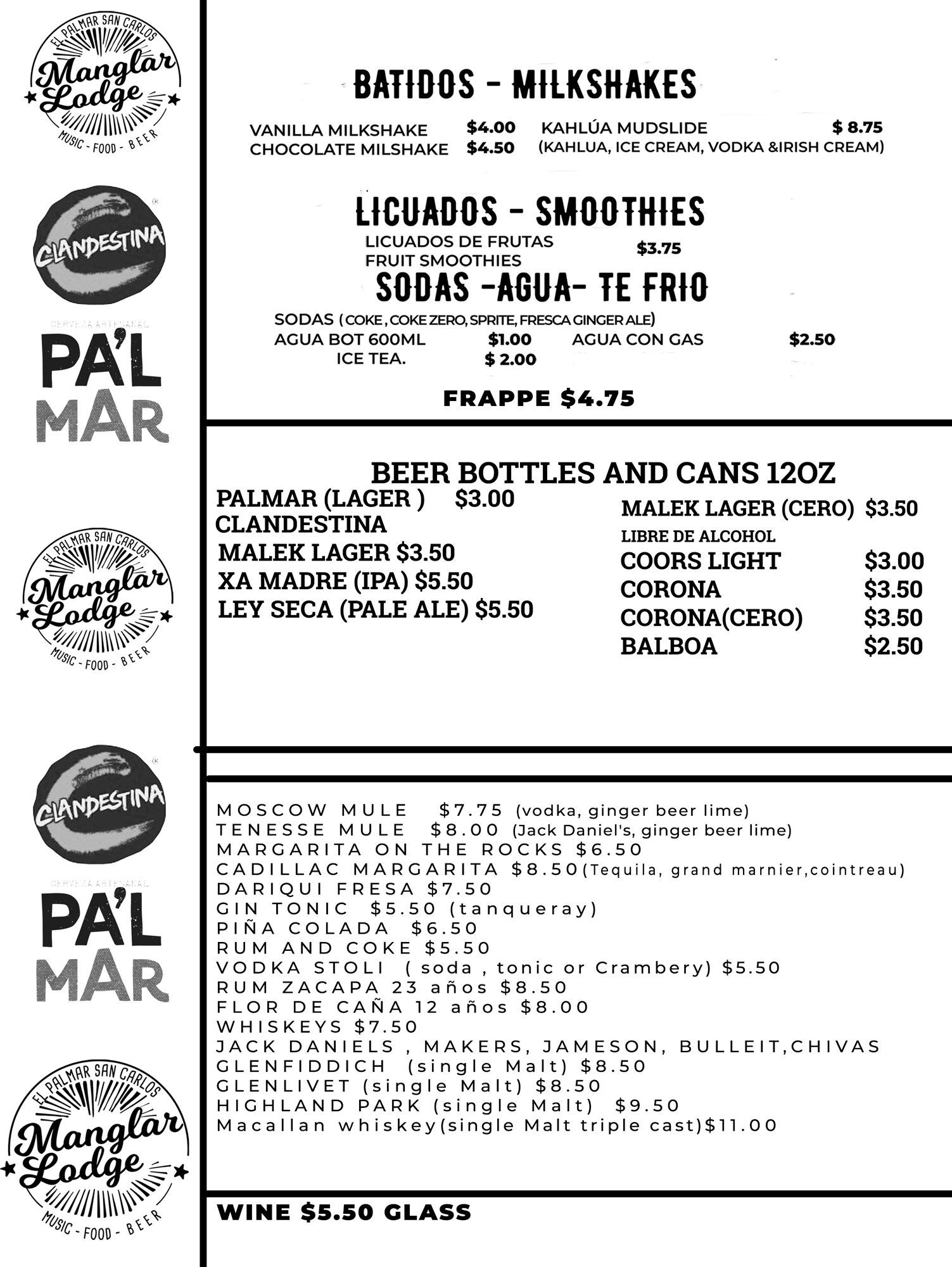 Manglar Lodge el palmar san carlos Menu