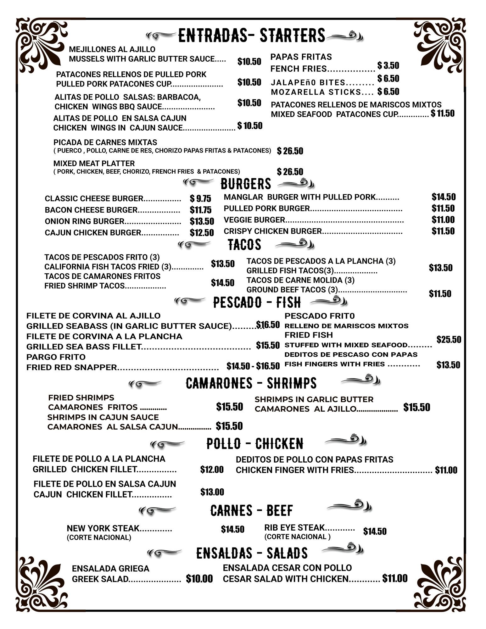 Manglar Lodge el palmar san carlos Menu
