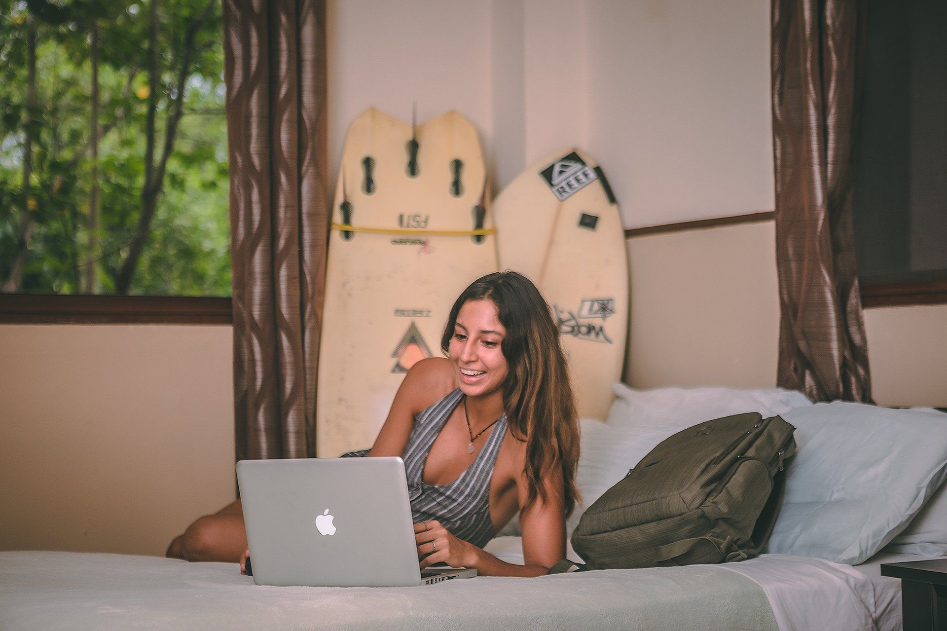 Guest working from a comfortable room at Manglar Lodge in San Carlos Panama