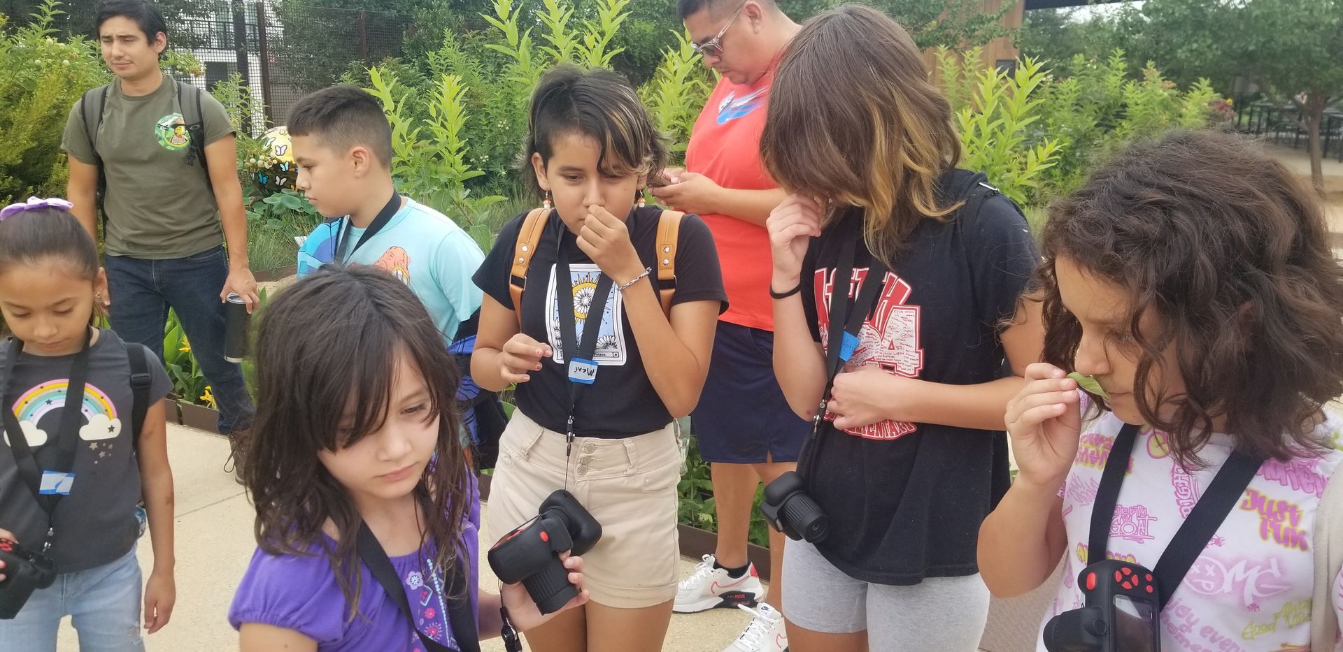Children smelling something, with some holding cameras, outdoors near green bushes.