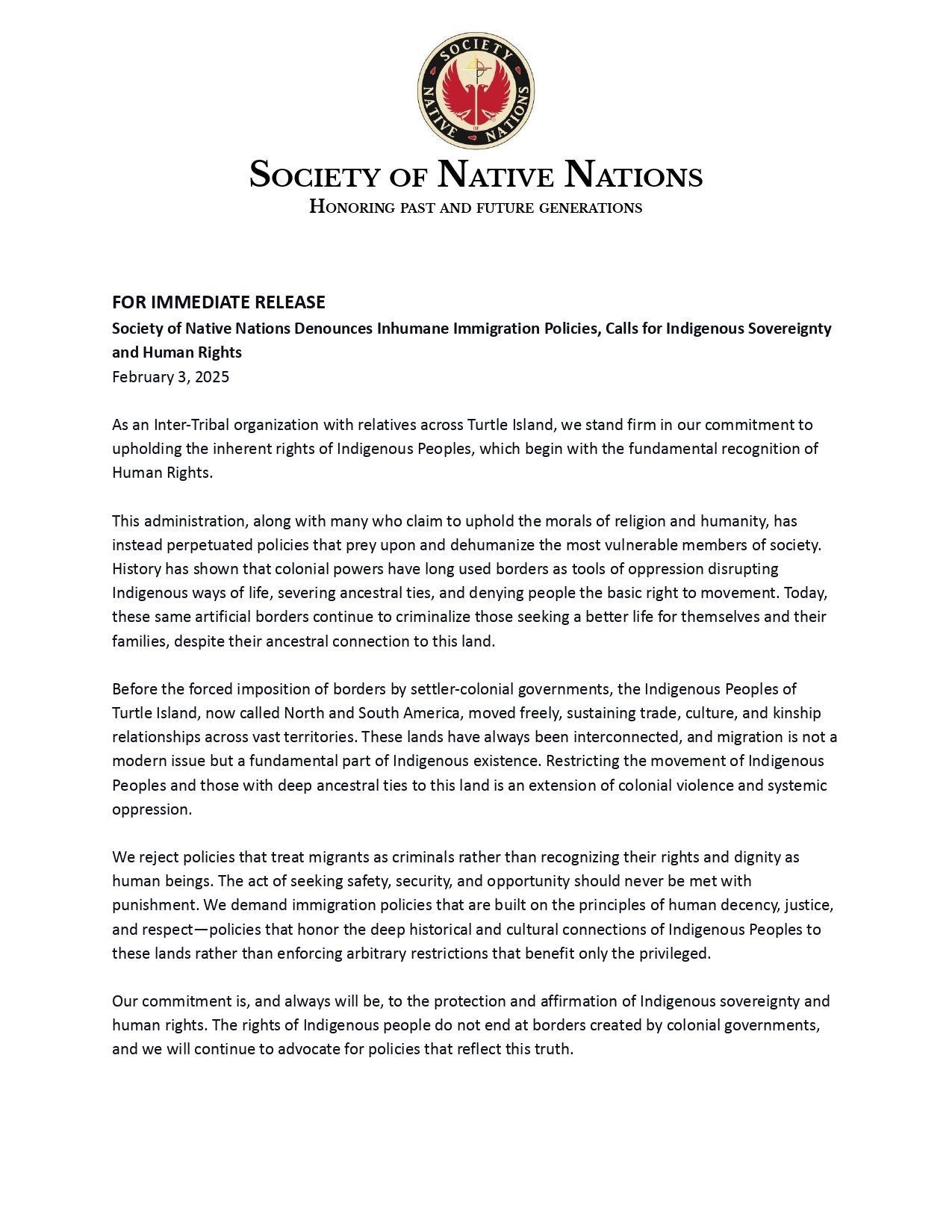 A document from the Society of Native Nations; a statement about Indigenous rights and immigration, with a logo at the top.
