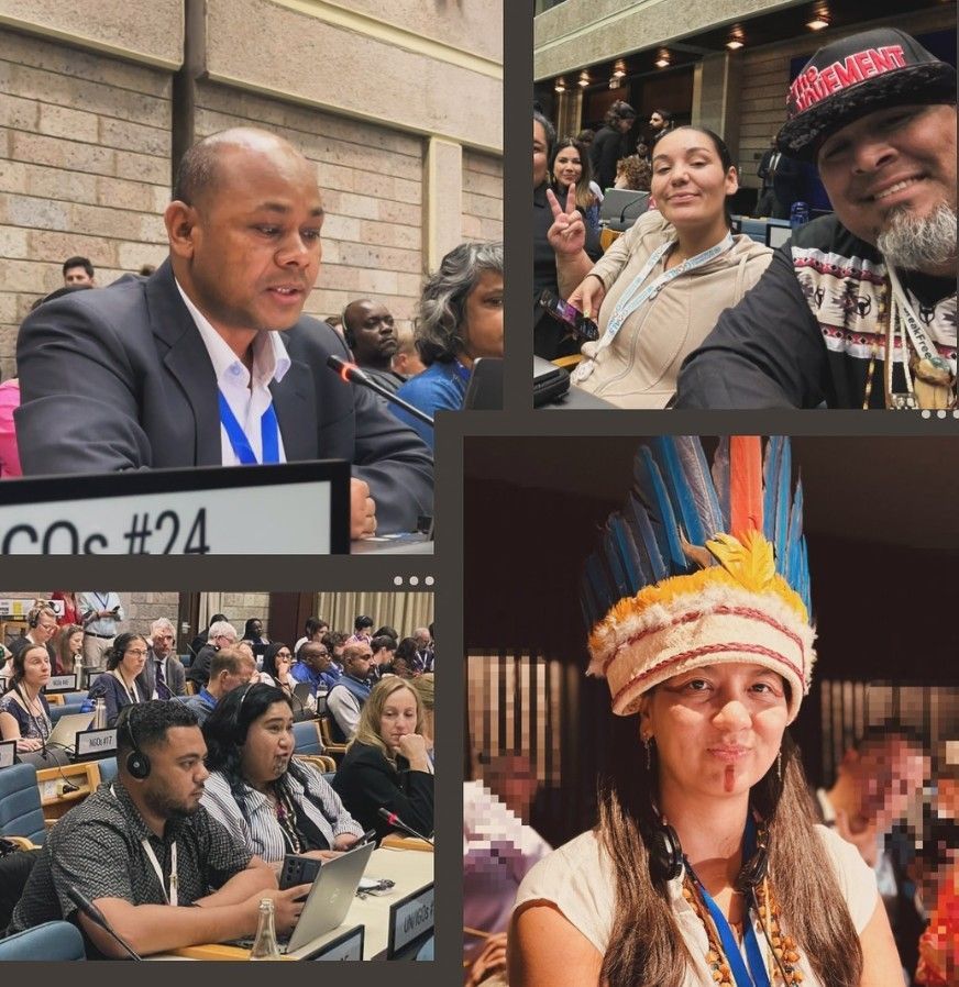 Collage: Man speaking at podium, people taking selfies, woman in native headwear, audience at a conference.