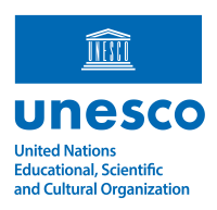 UNESCO logo: blue square with white text and emblem, followed by text describing the organization.