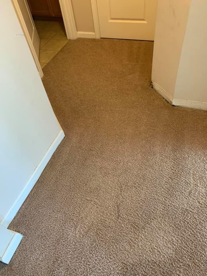 Beige carpeted hallway with white walls and a closed door at the end