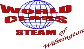 World Class Steam of Wilmington logo in red over a blue globe graphic
