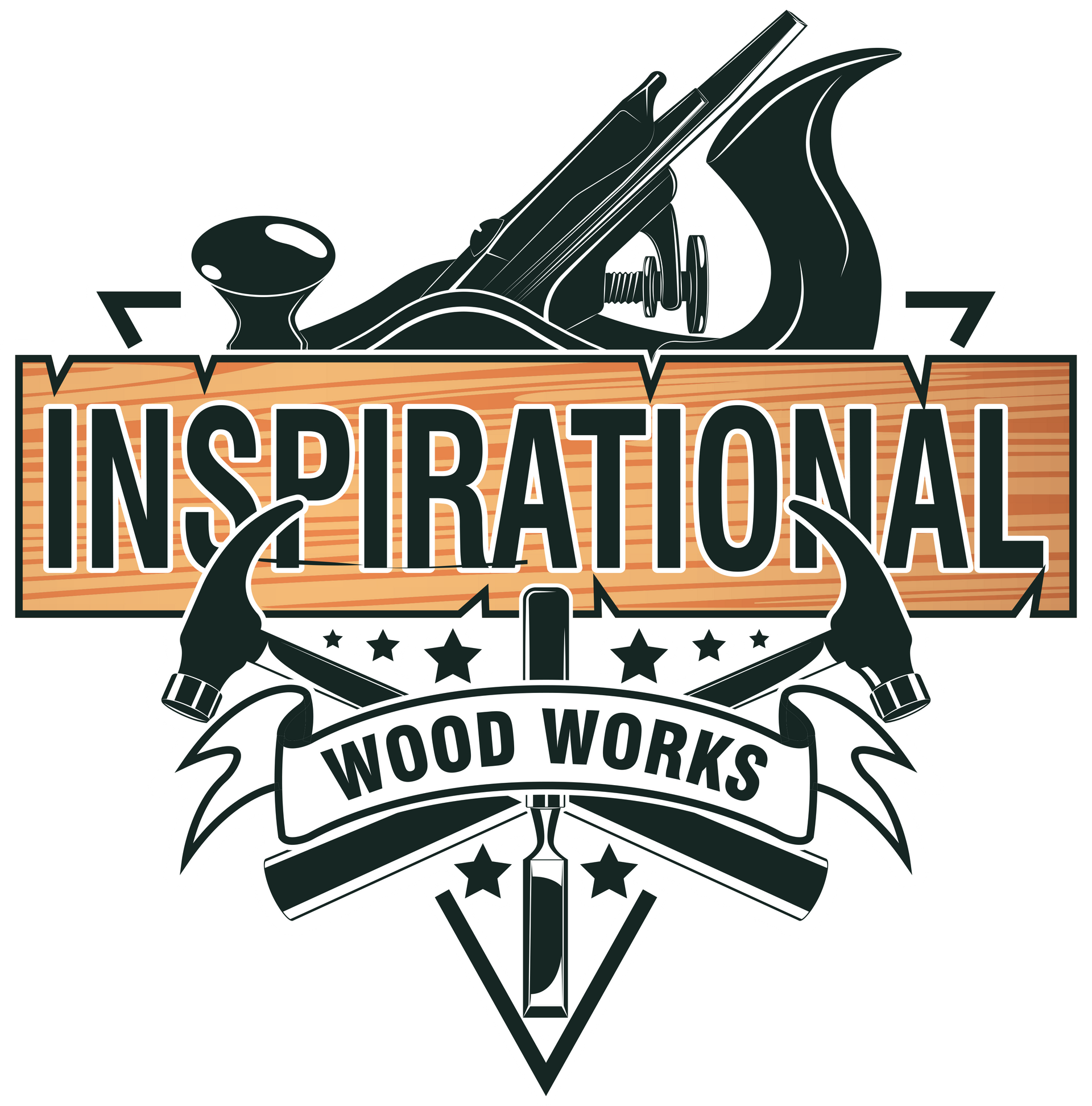 A logo for inspirational wood works with a plane , hammer , and bottle of wine.