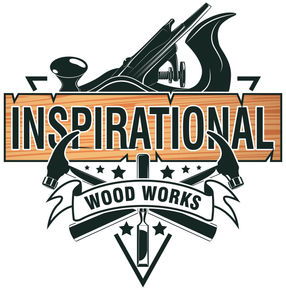 A logo for inspirational wood works with a plane , hammer , and bottle of wine.