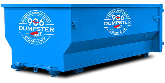 Blue roll-off dumpster with 906 Dumpster Company logo on a white background