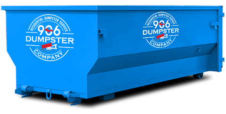 Blue roll-off dumpster with 906 Dumpster Company logo on a white background
