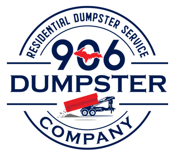 Residential Dumpster Service 906 Dumpster Company logo with red dumpster on trailer in navy and red