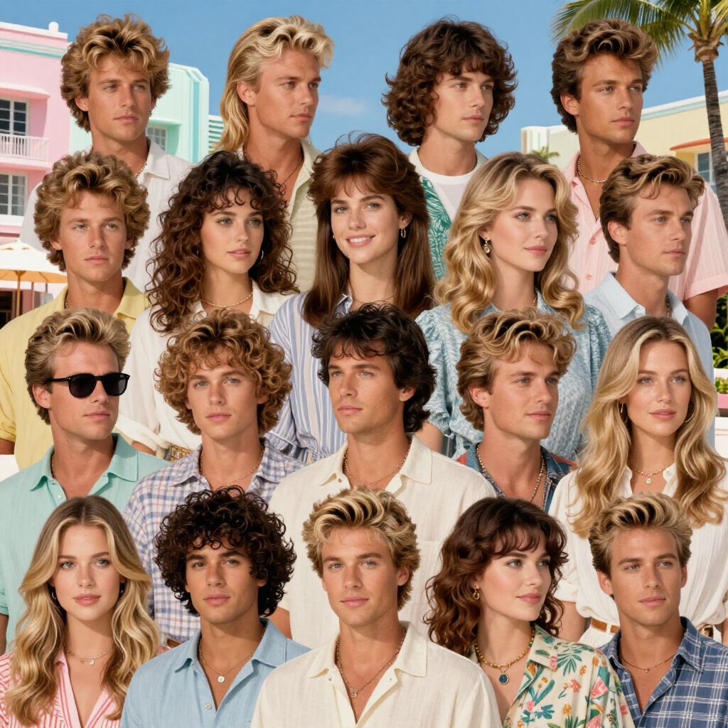 Collage of 16 retro 1980s-style portraits on a pastel checkered background
