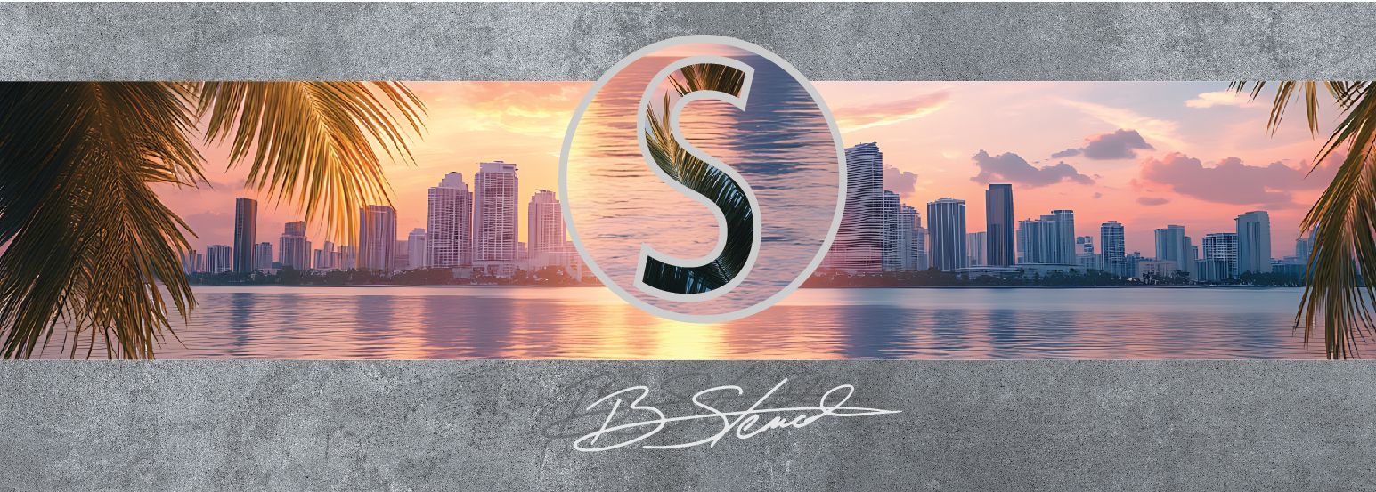 A cityscape at sunset over water, framed by palm leaves with a large letter