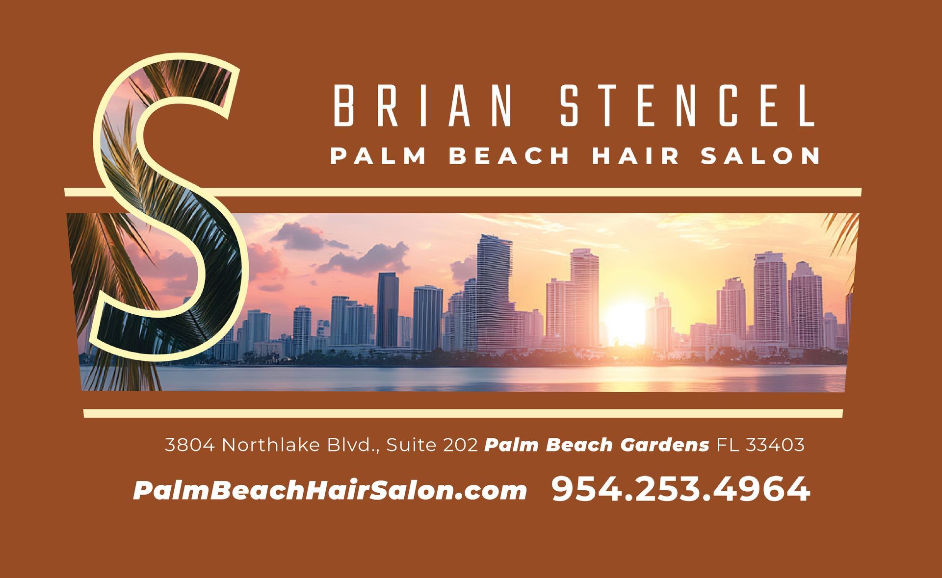 West Palm Beach Postcard image of West Palm Beach city scape and info for Palm Beach hair Salon by Hair designer Brian Stencel