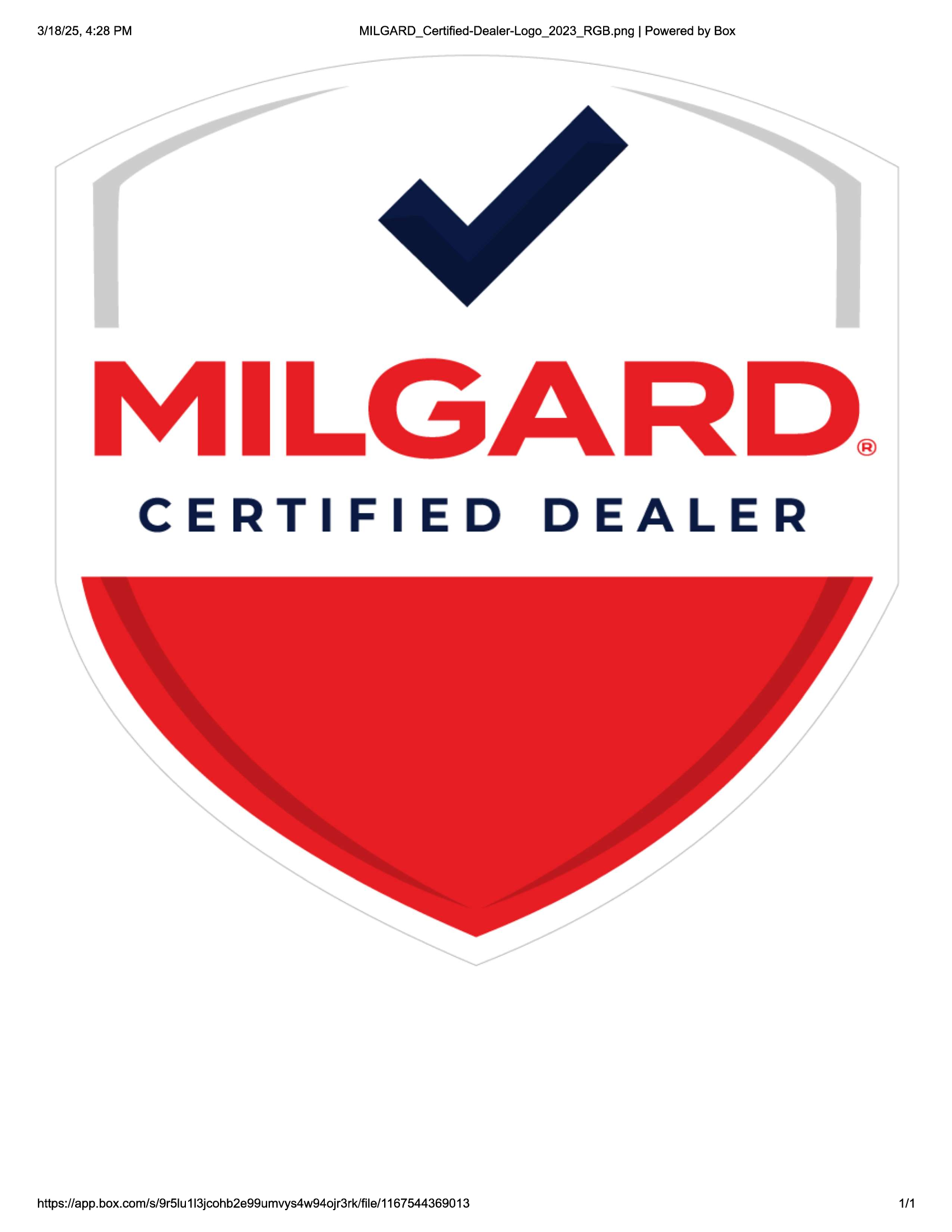 A milgard certified dealer logo with a check mark on it