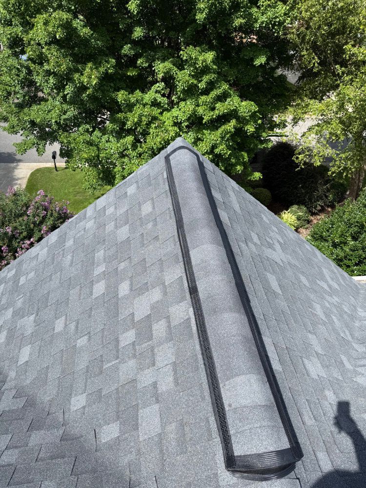 Gray shingled roof with a ridge vent, overlooking green trees and shrubs nearby