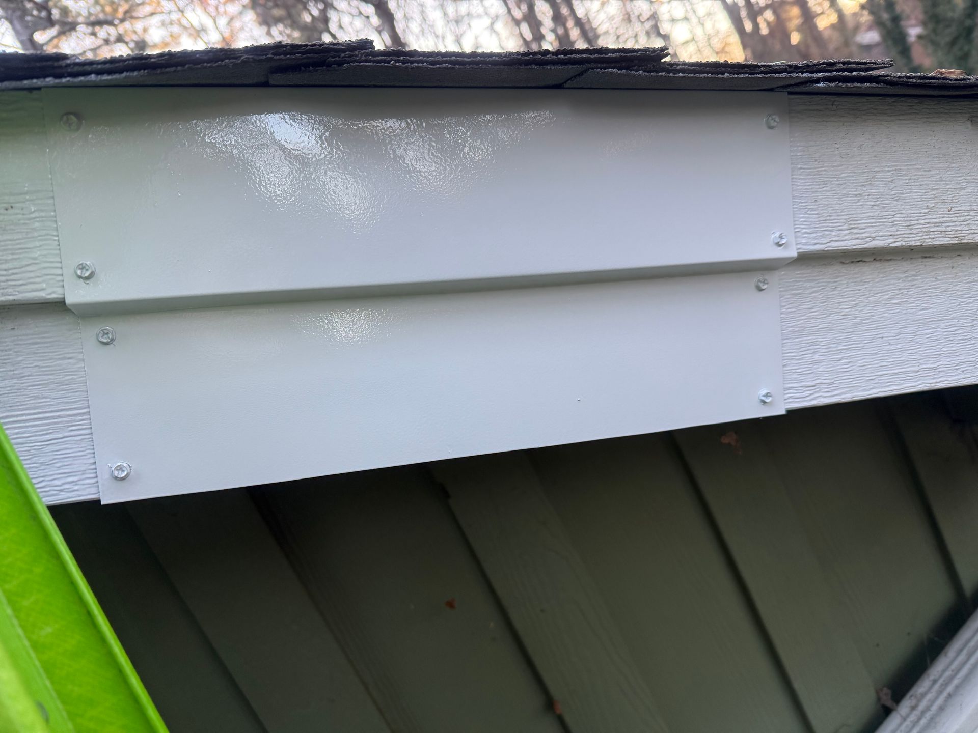 White exterior wall trim beneath roof shingles, with green siding below.