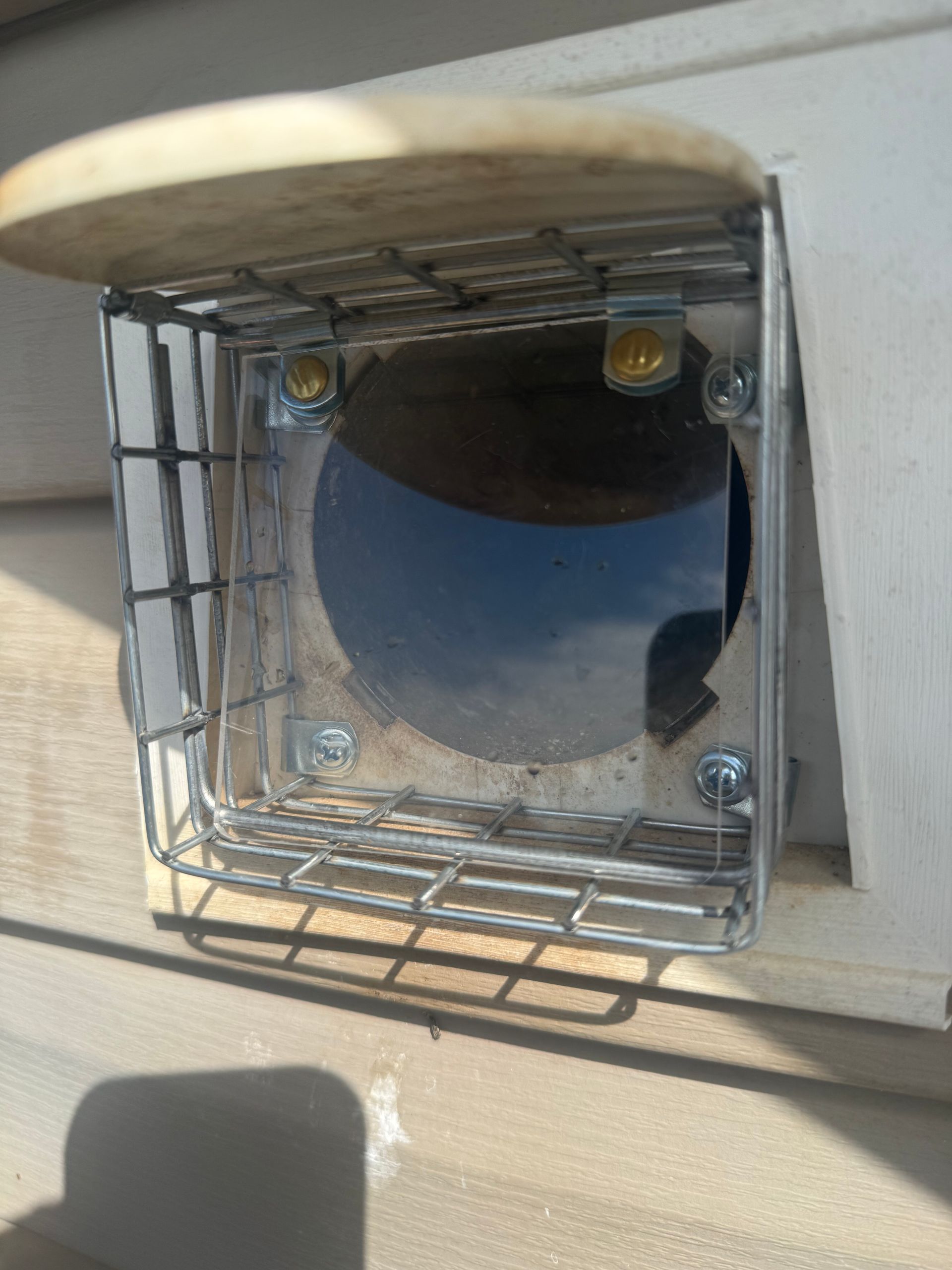 Open metal pet door with a small flap in a vehicle door panel