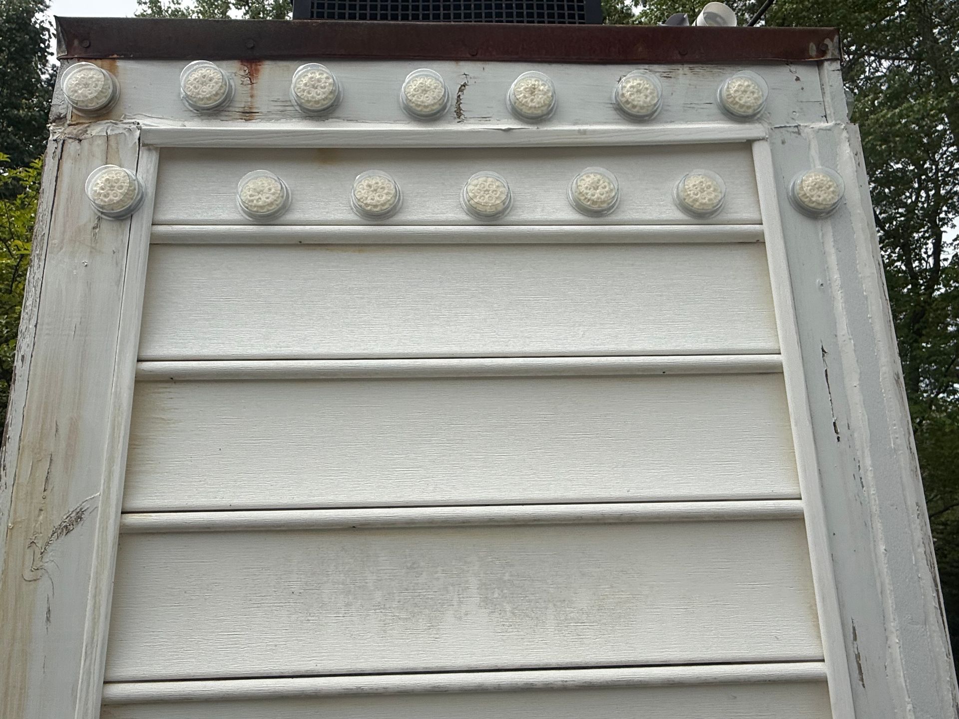 Weathered white wooden board with rows of round knobs and horizontal panels outdoors