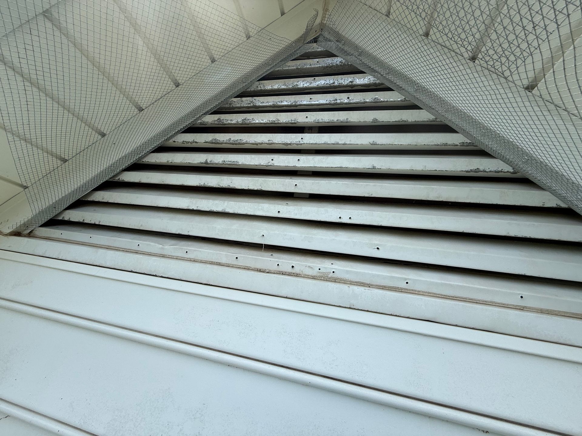 White louvered vent opening in a peaked ceiling, with a mesh screen above.