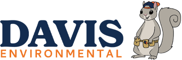 DAVIS Environmental logo with dark blue text, orange subtitle, and a cartoon squirrel mascot holding a wrench.