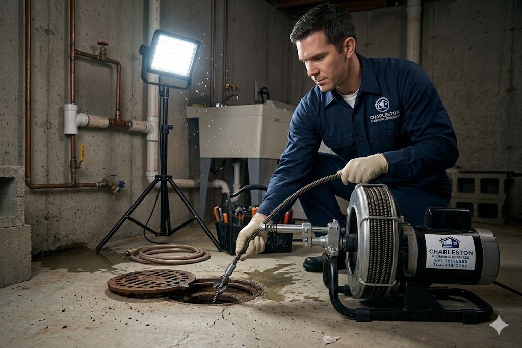 Professional drain cleaning service in Charleston WV using auger equipment
