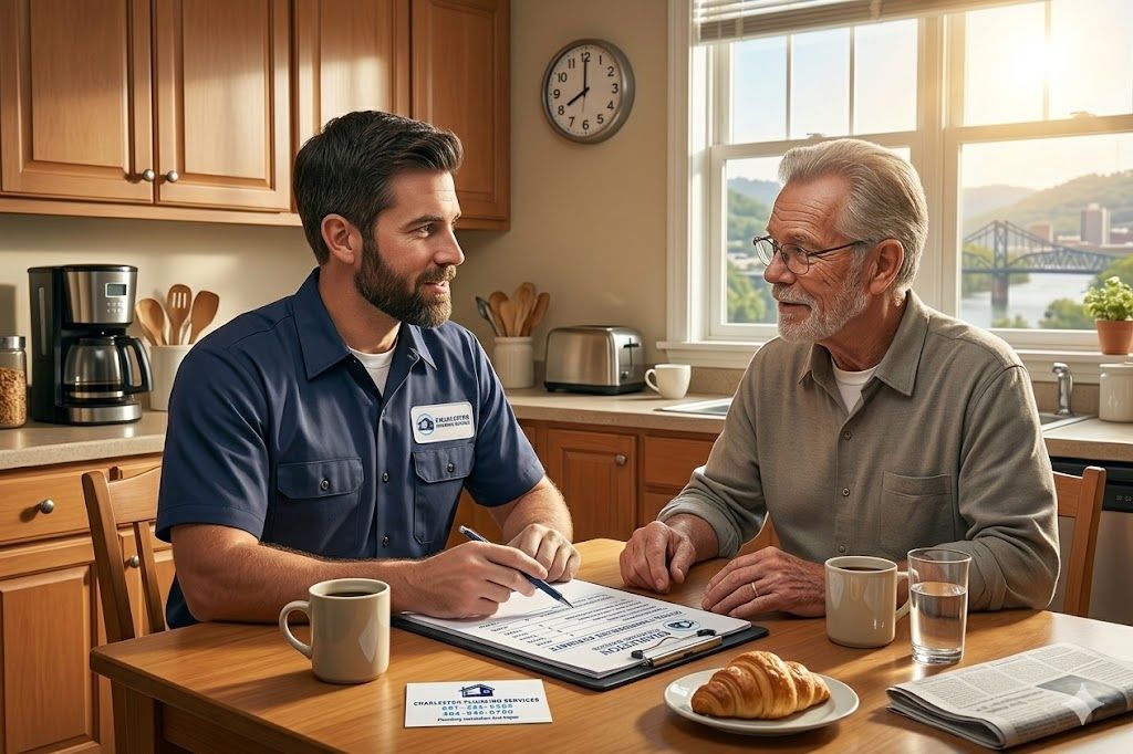 Plumber and homeowner reviewing plumbing costs and estimate in Charleston WV