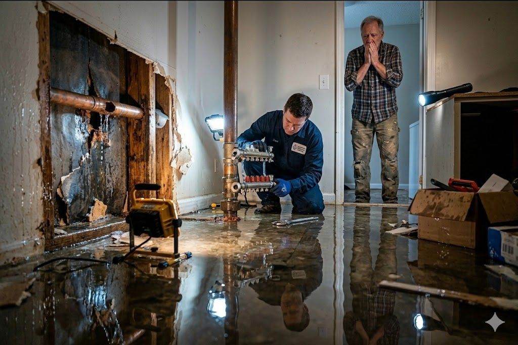 Homeowner dealing with a plumbing emergency in a flooded basement in Charleston WV