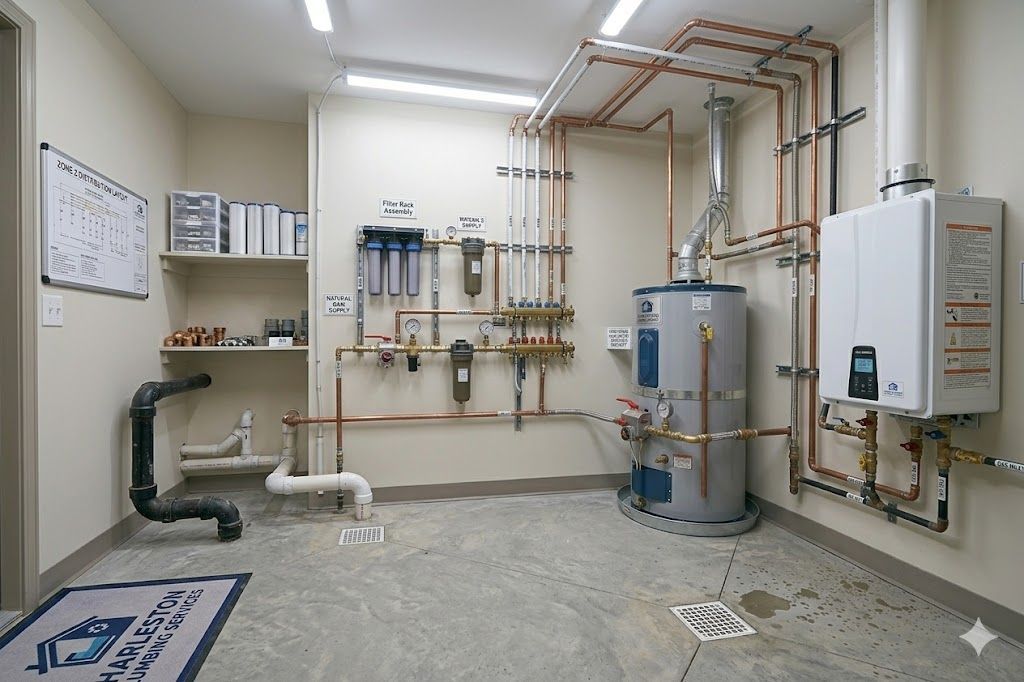 Newly installed tankless water heater in a Charleston WV home utility room