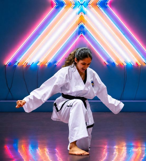 Martial artist in white gi performing a low stance on a glossy floor under neon geometric lights
