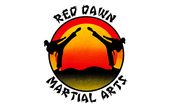Red Dawn Martial Arts logo with two black martial artists kicking before an orange sun