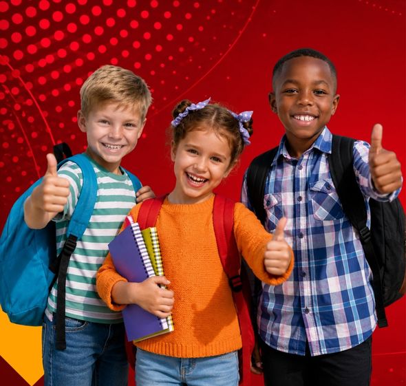 Three smiling children with backpacks and notebooks giving thumbs up against a red background