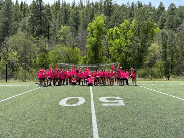 Group of people in pink shirts on a football field in front of a forest, arms raised by the 50-yard line.
