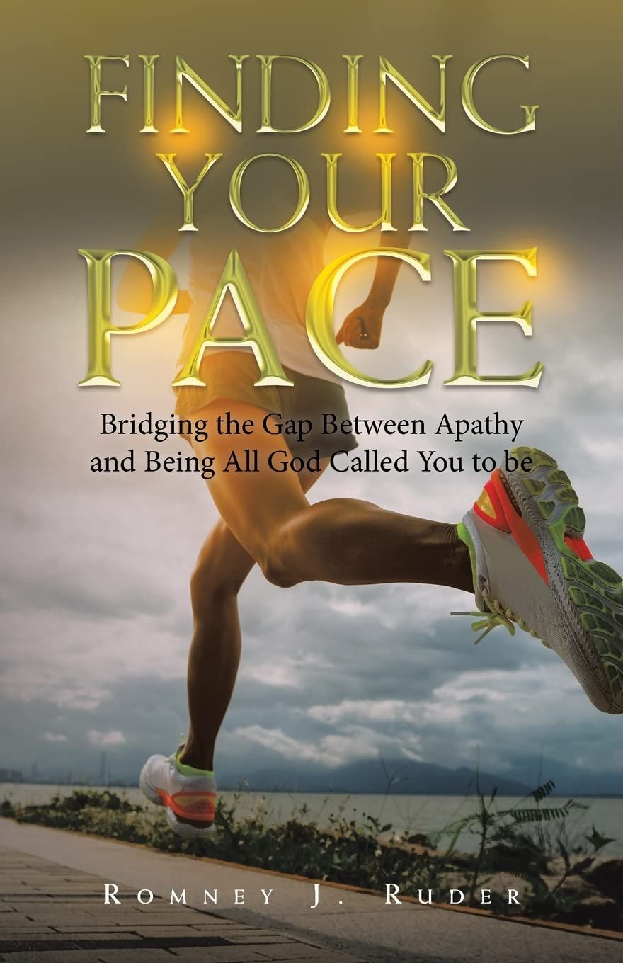 Book cover titled Finding Your Pace, featuring a runner on a waterfront path under a cloudy sky.
