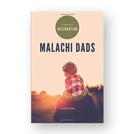 Book cover titled Malachi Dads with a photo of a person carrying a child on their shoulders during sunset.