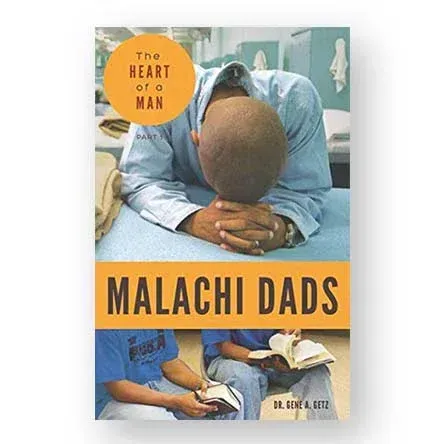 Book cover with orange banner, titled Malachi Dads, showing a person praying on a bed and others reading books.