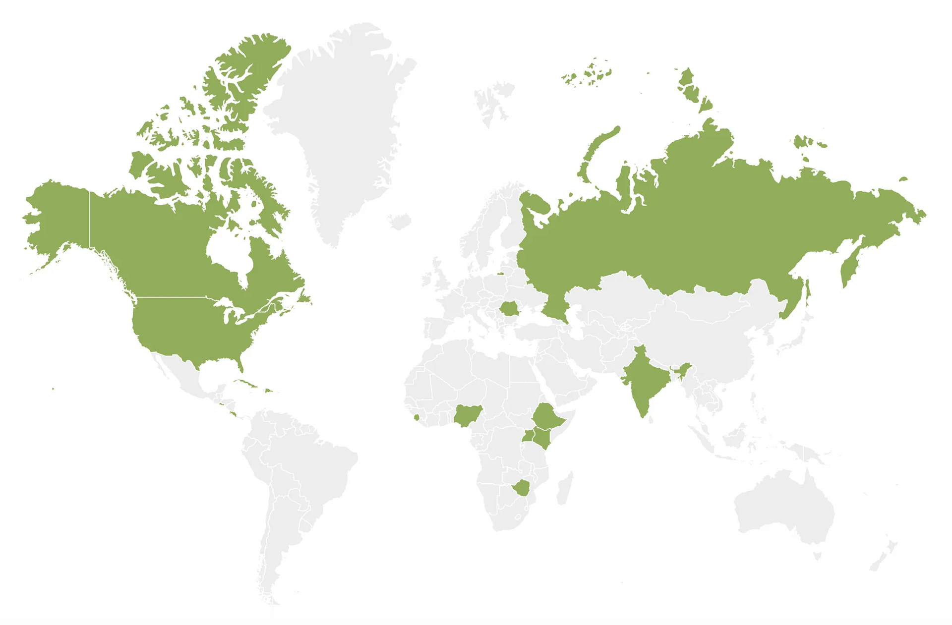 World map with specific countries highlighted in light green, including North America, Russia, India, and parts of Africa.