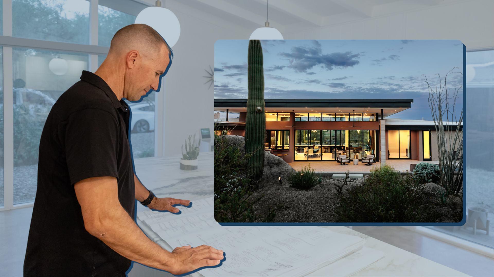 Matt Lamb reviewing blueprints standing in front of a project image.