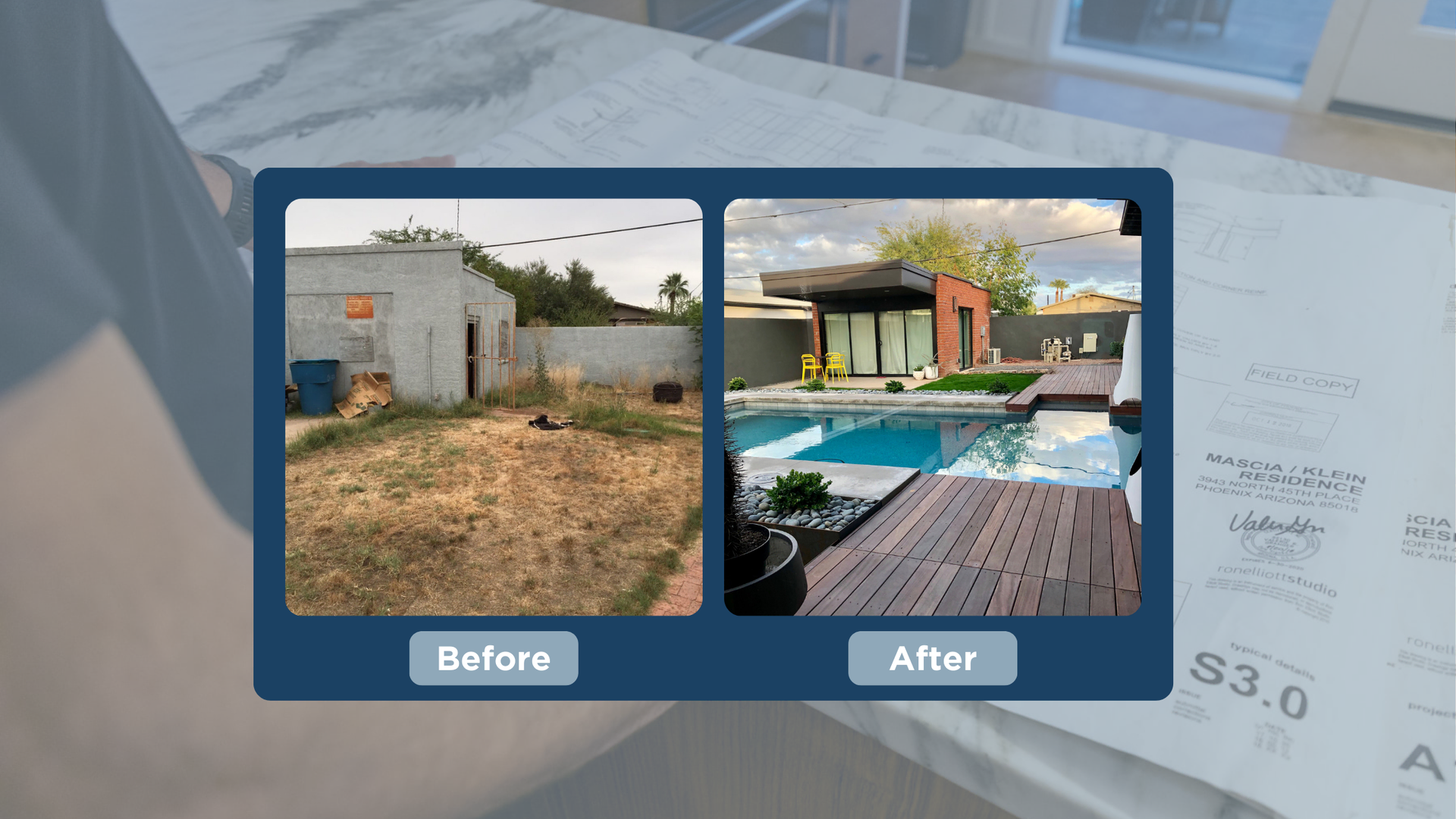 A before and after picture of a house with a pool