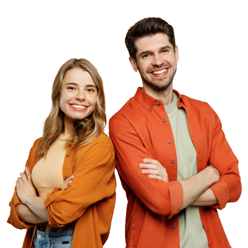 Two smiling people in orange shirts stand with arms crossed on a white background