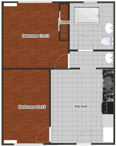 A floor plan of a small apartment with two bedrooms and a bathroom.