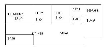 A black and white floor plan of a house with bedrooms and bathrooms.