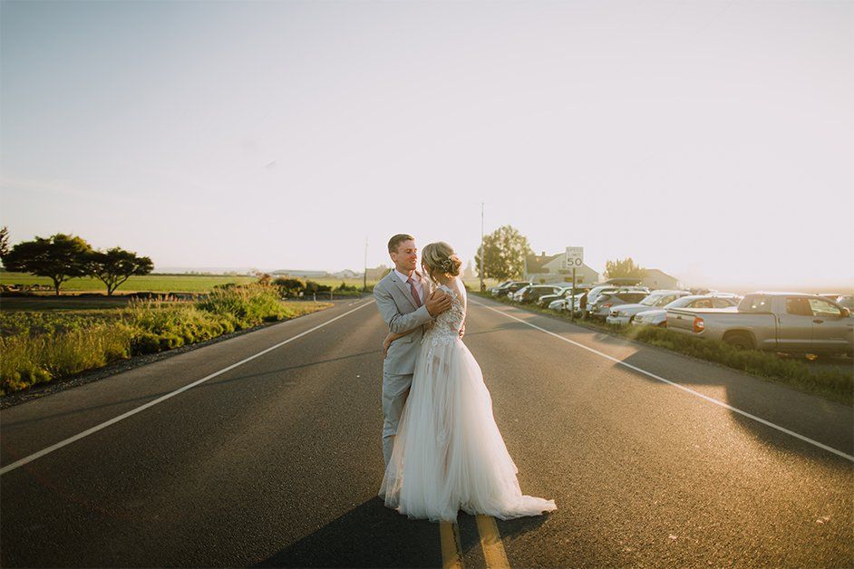 Washington Wedding in Road Bride & Groom in middle of the road.