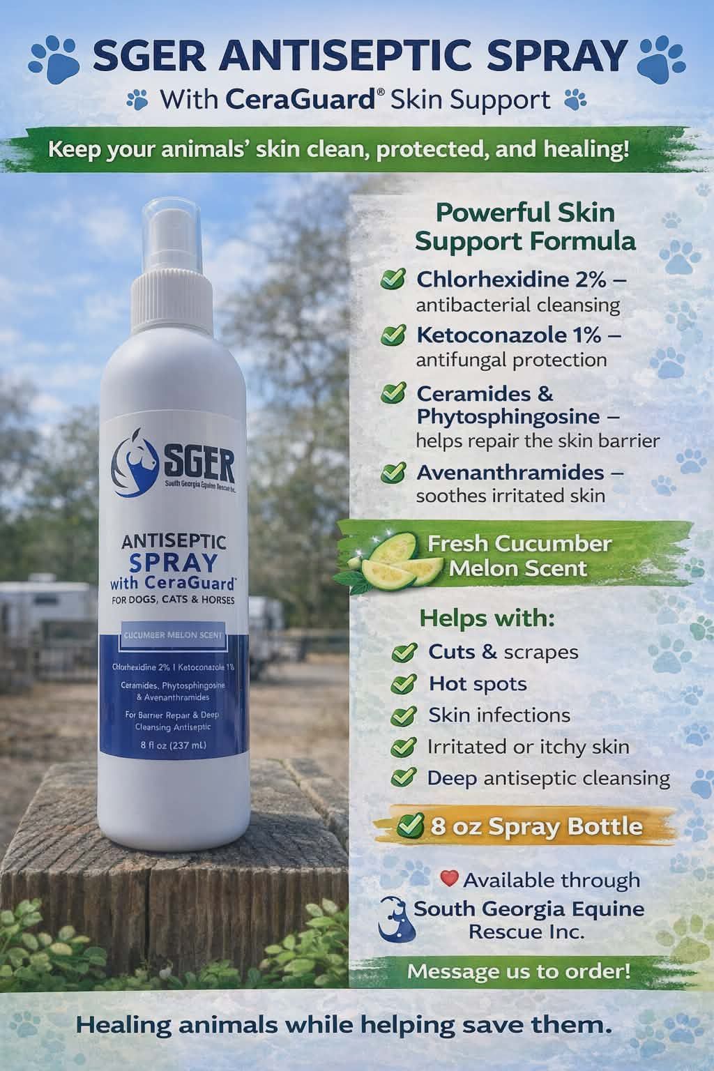 ANTISEPTIC SPRAY with CeraGuard FOR DOGS, CATS & HORSES CUCUMBER MELON SCENT 8 ounce