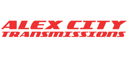 the logo for alex city transmissions is red on a white background .
