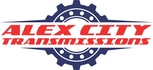 a logo for alex city transmissions with a gear in the middle