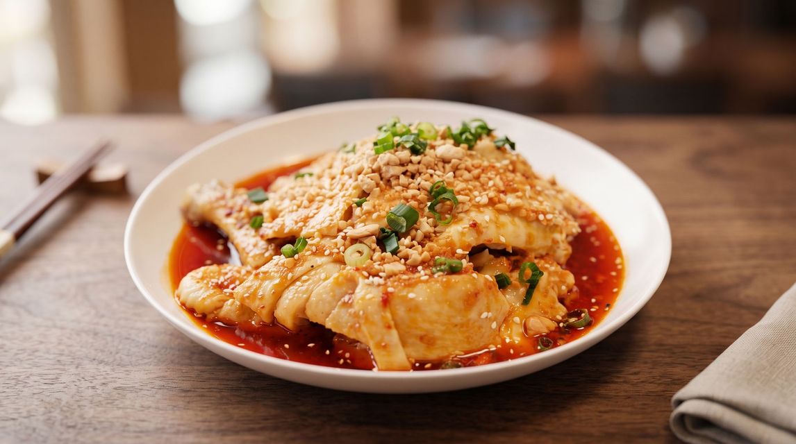 Cheesy casserole in red sauce on a white plate, garnished with herbs, on a wooden table