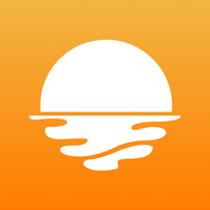 White setting sun with stylized orange waves on an orange gradient background