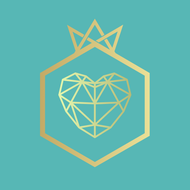 Teal background with a gold geometric hexagon, crown, and faceted heart emblem