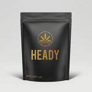 Black resealable pouch labeled “HEADY” with a gold leaf logo on the front
