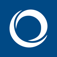 White circular swoosh logo on a blue background